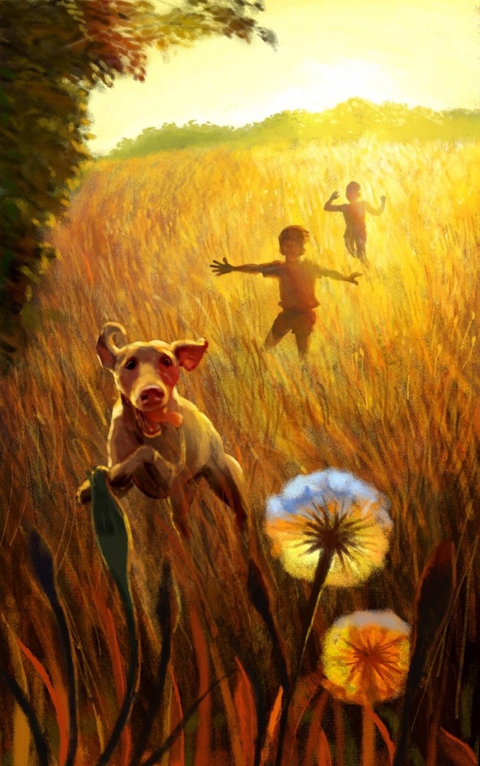 Who is first? - Summer, Field, Children, Dog, The sun, Dandelion, Art, Digital
