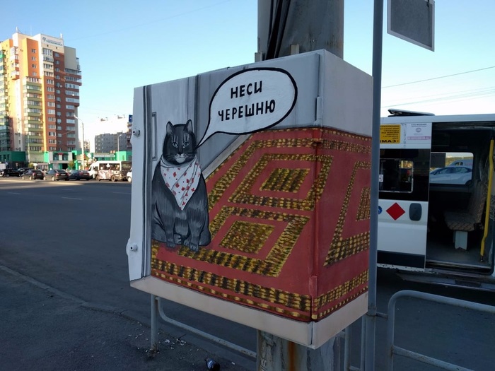 Not a box, but an art object with a cat - My, Art object, cat, Carpet, Chelyabinsk, Cherries, Street art