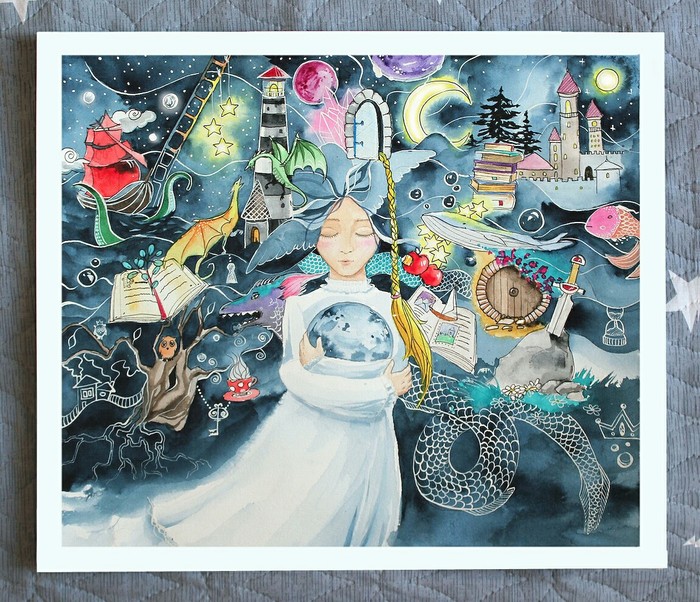 Dreams and books - My, Illustrations, Art, Story, Night, moon, Watercolor