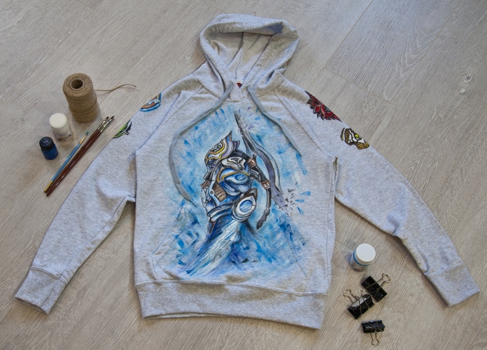 Sweatshirt with hand-painted - My, Sweater, Cloth, Painting on fabric, Longpost, Starcraft, Handmade