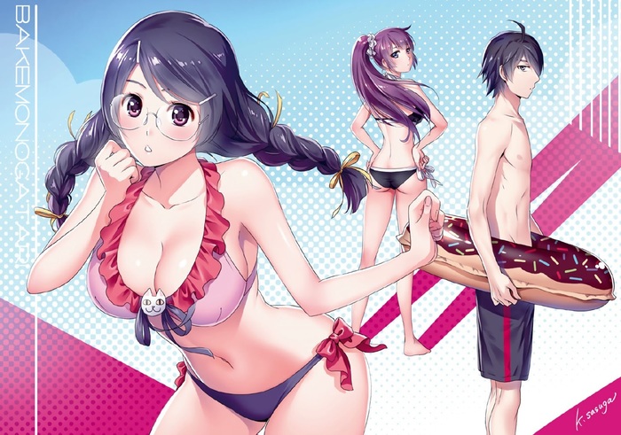 Summer is over but swimwear isn't. - Anime, Anime art, Monogatari series, Hitagi senjougahara, Araragi koyomi, Hanekawa tsubasa