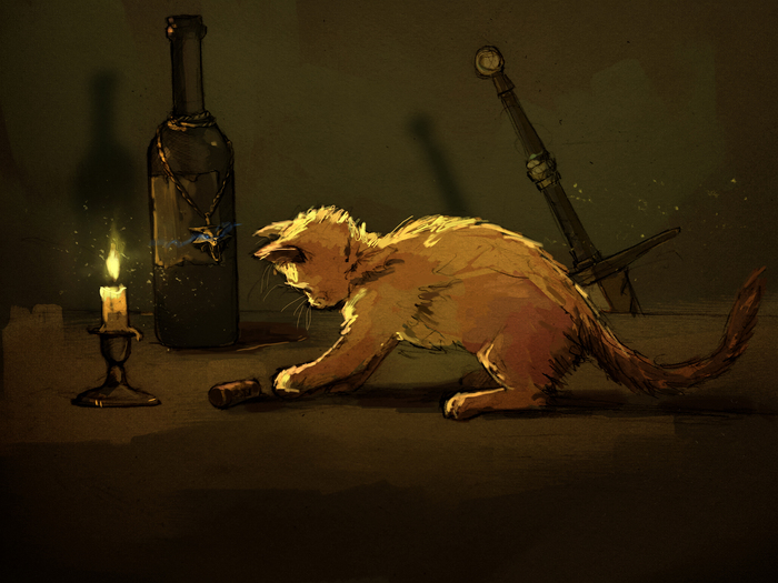 The night promises to be long - My, cat, Witcher, Toussaint, Wine, Sketch, Drawing, Computer graphics