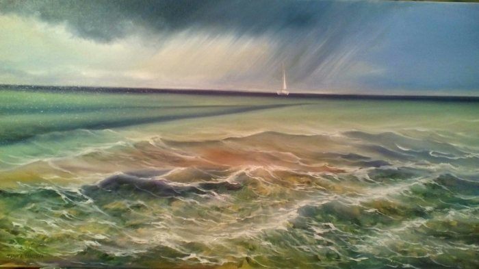 Rain on the horizon. My picture - Oil painting, Painting, Ship, Sea, My, Creation, Painting