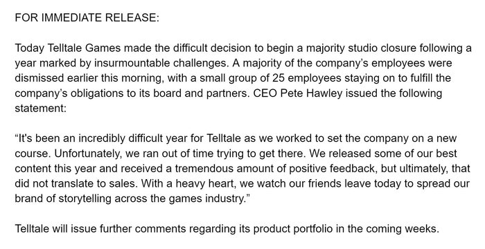 TellTale Games закрываются Telltale Games, Игры, Банкротство, Без рейтинга