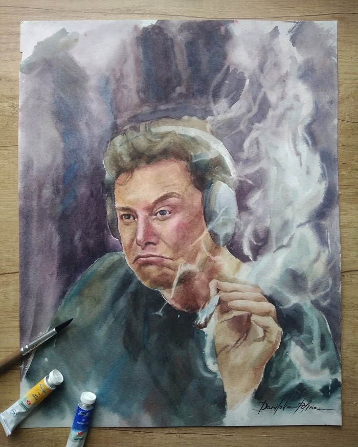 Hahaha, classic... - My, Elon Musk, Watercolor, Marijuana, Grass, Memes, Drawing