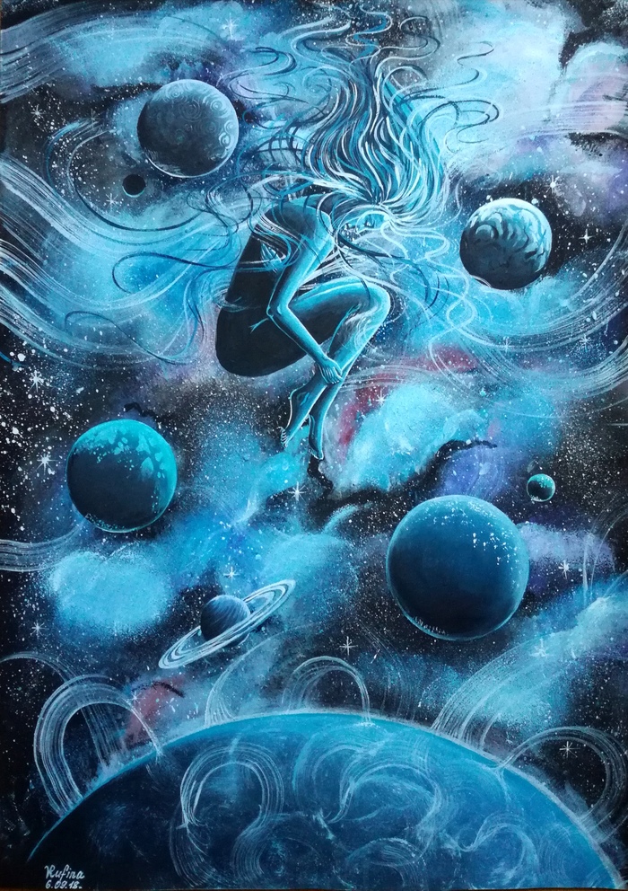 Soul of space - My, Art, Space, Drawing, Gouache, Girls