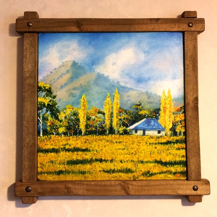 September in Crimea Oil on canvas 30/30cm - My, Oil painting, Crimea, Autumn, September, Forest, The mountains, House in the woods, Painting
