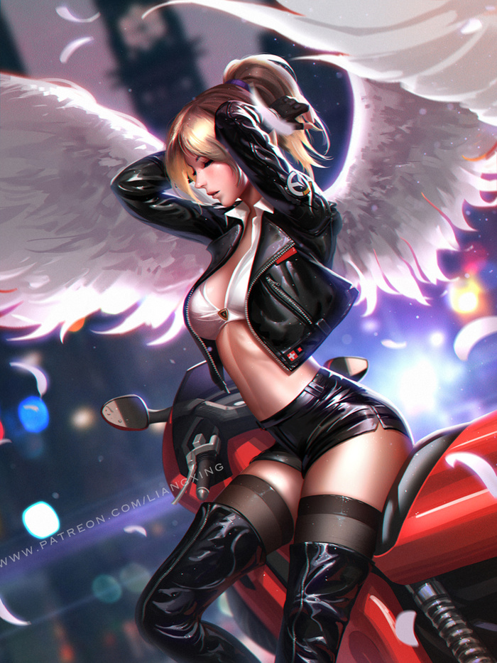 Mercy on a Motorcycle Art , Liang Xing, Overwatch, Mercy