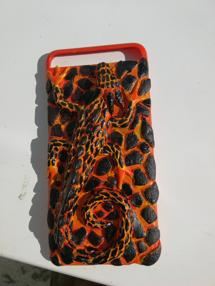 Case made of polymer clay lava lizard - My, Polymer clay, Case for phone, Sculpture, Creation, With your own hands, Лепка, Lizard, Longpost