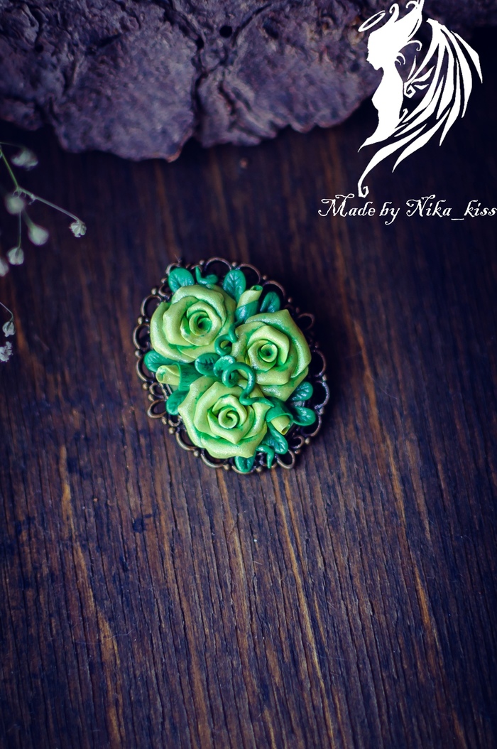 Vintage brooch with roses - My, Handmade, Polymer clay, the Rose, Longpost, Brooch, Needlework without process