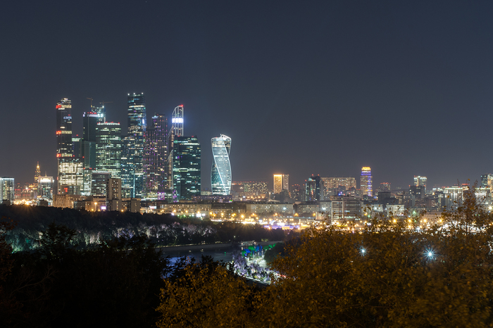 Вид с Воробьёвых гор ночью - Моё, Москва-Сити, Панорама, Воробьевы горы, Москва