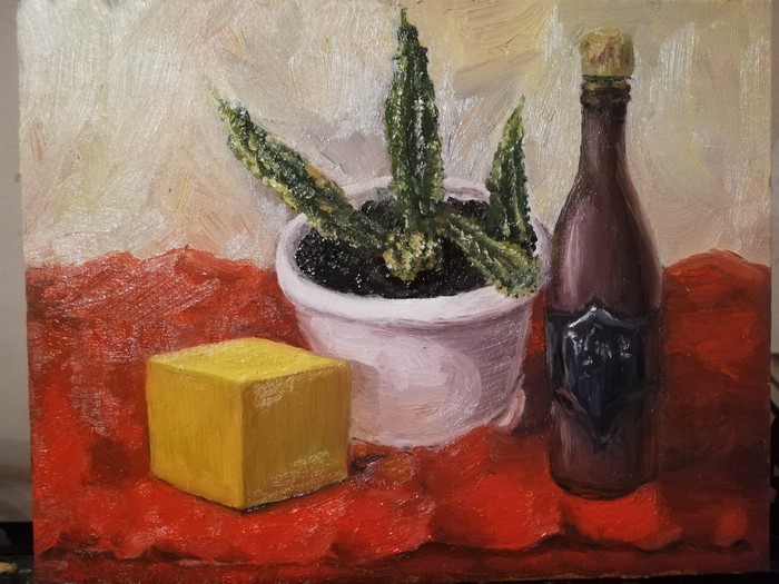 I drew at home, from nature, oil, cardboard, 30*40. Slightly reflective in the photo, the background is more lemon and a little pink - My, Butter, , Still life, Education