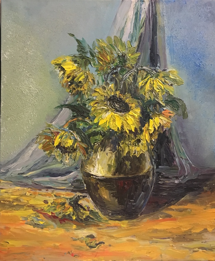 last year - My, Painting, Oil painting, Still life, Painting, Butter, Sunflower, Vase