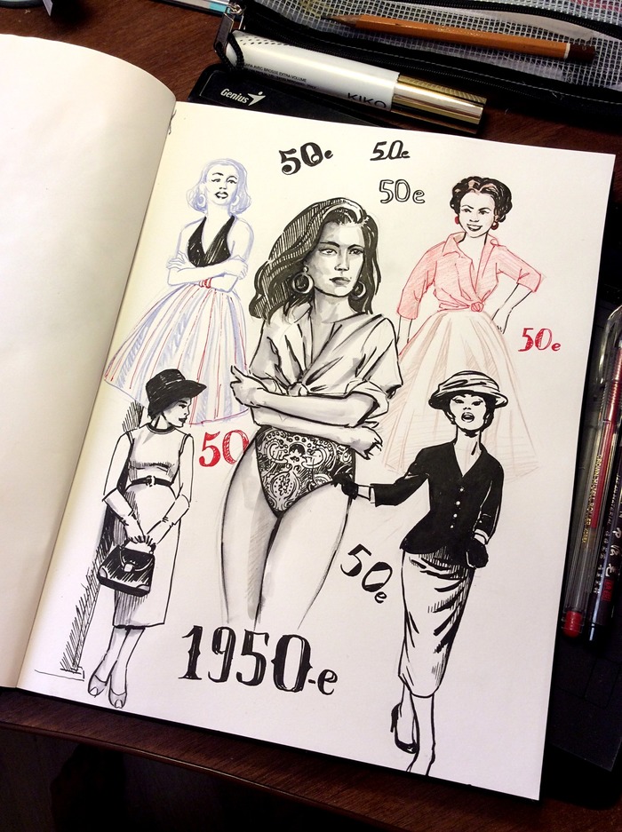 fifties - My, 1950, 50th, Girls, Sketch, Sketchbook, Drawing, Pencil, Marker