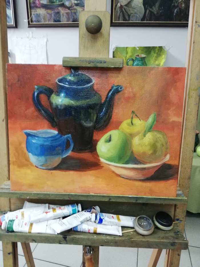 I no longer began to redraw the fact that the teapot rested on the edge of the canvas. The teacher helped a lot, without him it would not have turned out so beautifully - My, Painting, Still life, Kalyaki-Malyaki