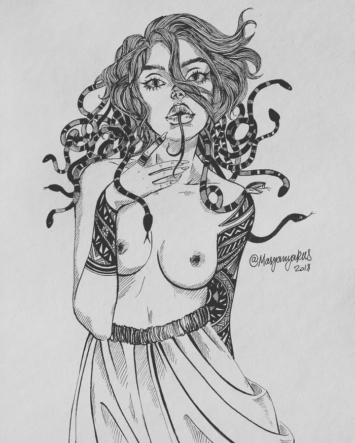 Medusa Gorgon - NSFW, My, Masyanyarus, Drawing, Medusa Gorgon, Boobs, Longpost, Liner