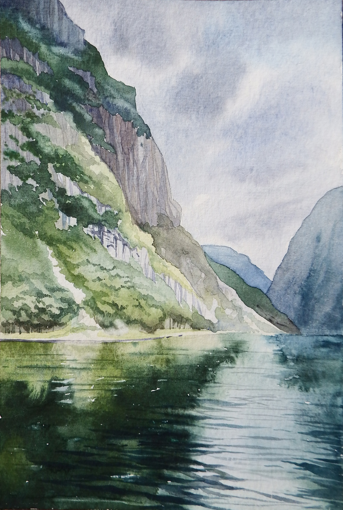 norwegian fjords - My, Watercolor, Landscape, Norway, Fjords, Drawing, Nature, The mountains, Water