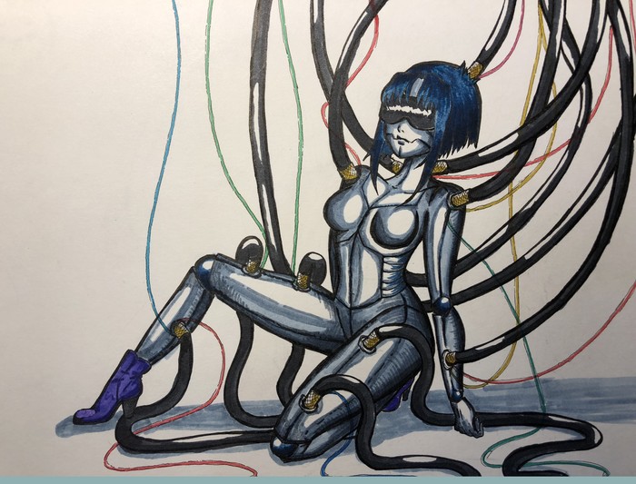 Robot Girl - My, Drawing, Cyberpunk, cyber girl