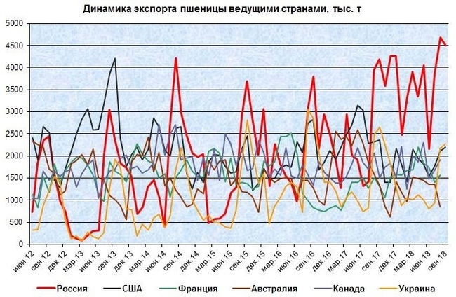 Россия лидирует по экспорту пшеницы 14 месяцев подряд
