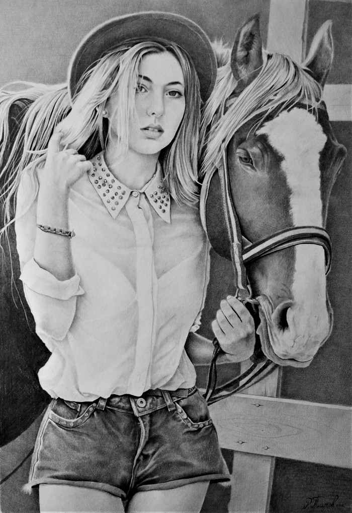 Girl and her friend! - My, Horses, Drawing, Pencil drawing, Girls, Pencil, Graphics, Portrait, Animals