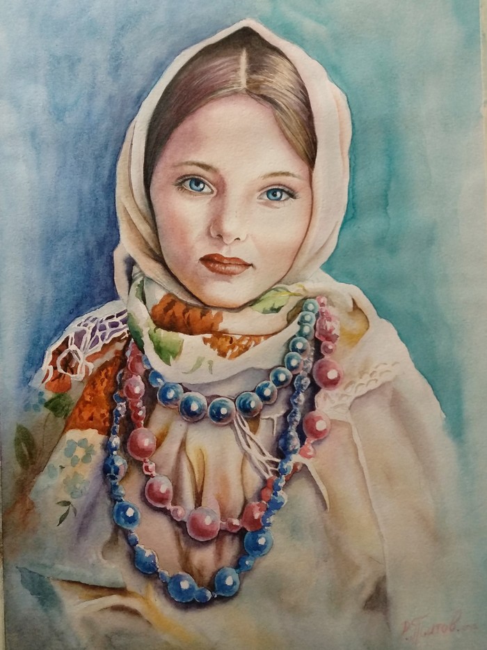 Portrait by photo - Watercolor, Rostov-on-Don, Beautiful girl, Russian, in a scarf, Portrait by photo, 