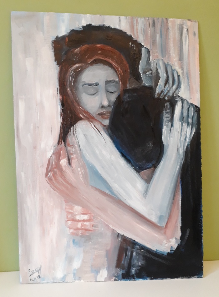 First oil painting. - My, Oil painting, Canvas, Cold blood, Calming down, Sadness, Pair, Hugs