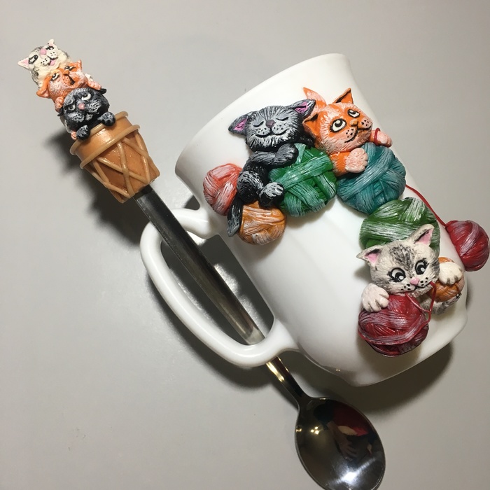 Naughty kittens - My, Polymer clay, Delicious spoons, Mug with decor, Cernitclay, Handmade, Handmade, Decor, Longpost, Cernit