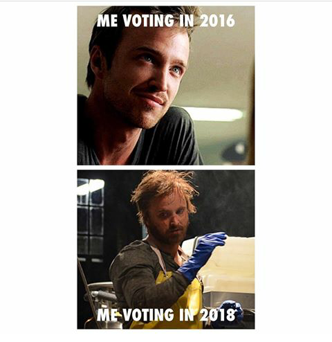 I vote in 2016. I vote in 2018. - Aaron Paul, Instagram, Breaking Bad, Vote, Picture with text