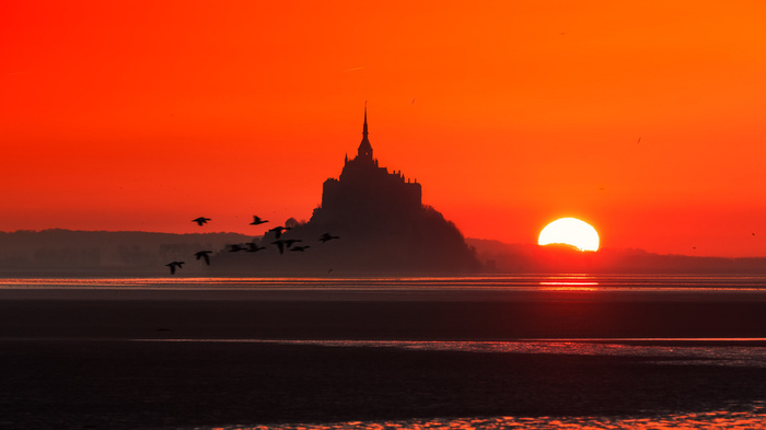 Мон Сен Мишель. Mont Saint Michel - Нормандия, Мон-Сен-Мишель, Франция, Фотография, Закат