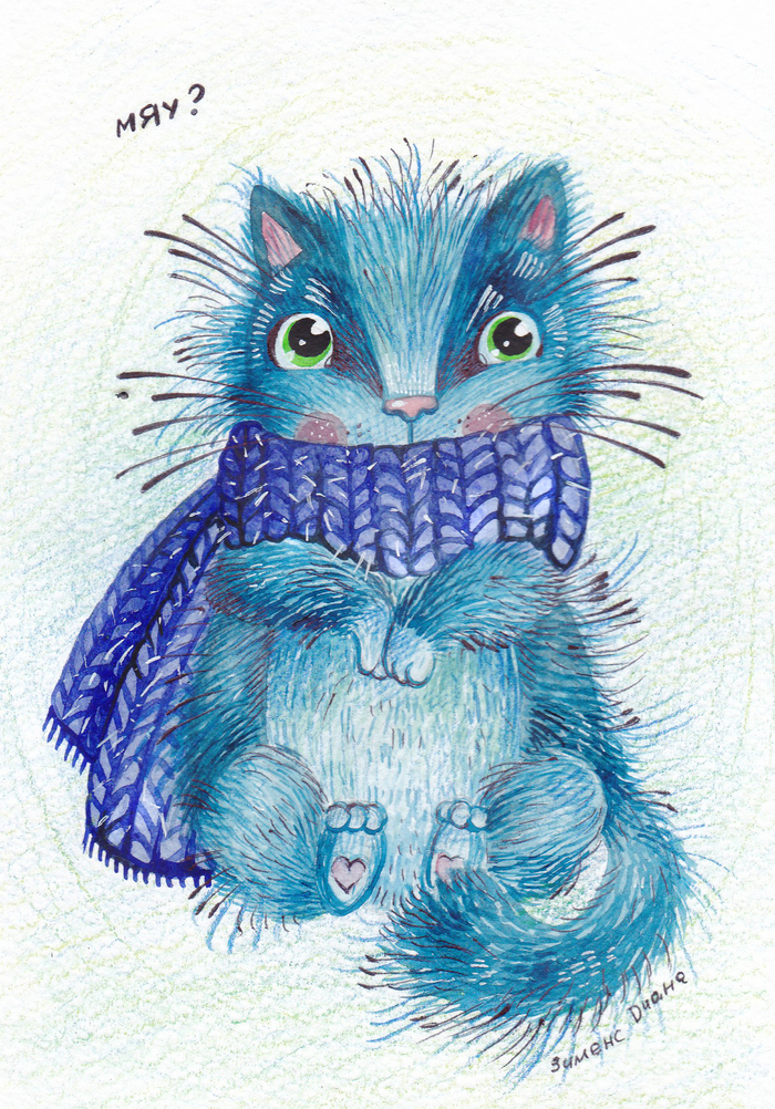 Blue frozen cat. - My, cat, Drawing, Watercolor, Cold, Colour pencils, , Animals, Scarf