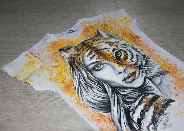 Hand painted t-shirt - My, T-shirt, , , , Painting on fabric, Longpost, Tiger