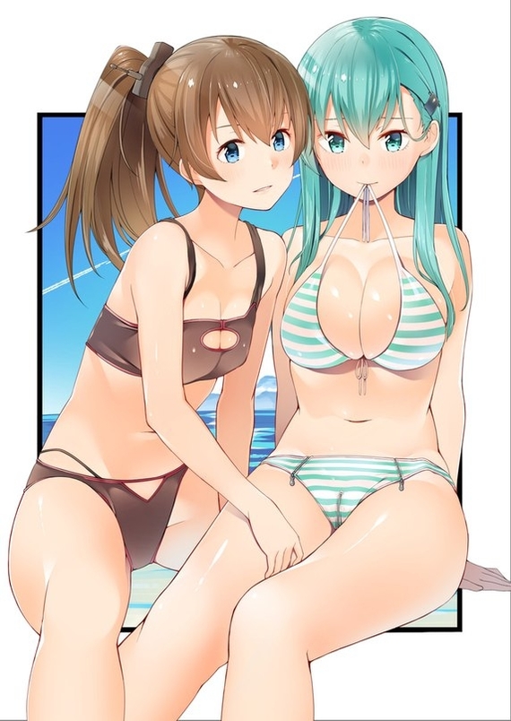 Kumano & Suzuya - NSFW, Kantai Collection, Kumano, Suzuya, Купальник, Этти, Anime Art, Аниме, Арт