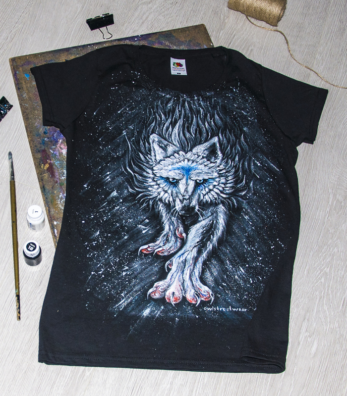 Hand painted t-shirt. wolf, top that - My, T-shirt, Wolf, , Painting on fabric, Cloth, Longpost