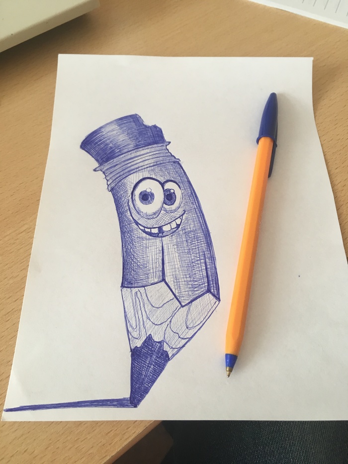 Cheerful pencil - My, Ball pen, Drawing, Sketch, Pen drawing, Pencil, Smile