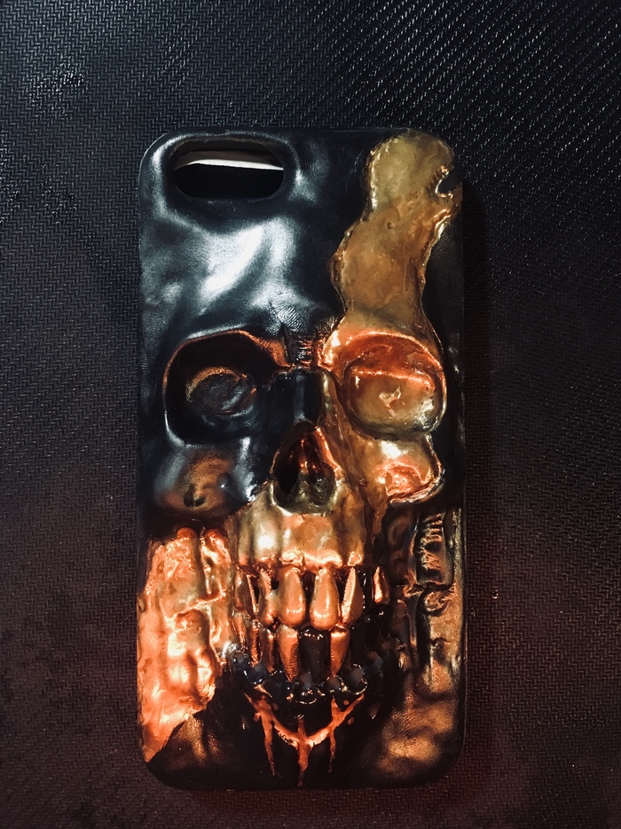 Black and gold skull, iPhone 6 - My, Polymer clay, Needlework without process, Case for phone, Pouchpolymer glycol, Video, Longpost