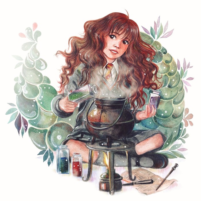 Hermione and the bowler hat - My, Hermione, Harry Potter, Hogwarts, Watercolor, Watercolor pencils, Sketchbook, Negotiable potion, Fan art