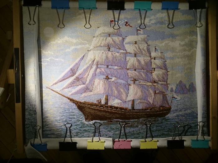 Birthday sailboat - My, Cross-stitch, Needlework, Hobby, Threads and needles, Presents, Longpost