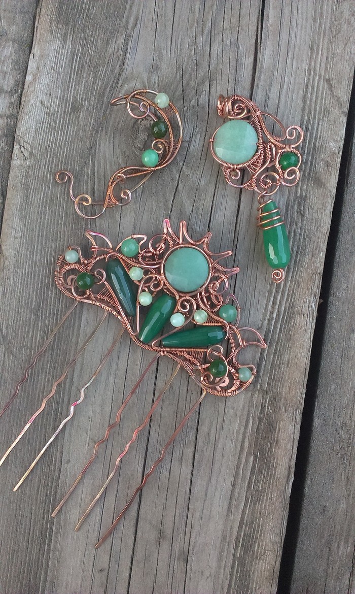 Set with green stones - My, Longpost, Needlework with process, Wire jewelry, Wire wrap, Copper jewelry