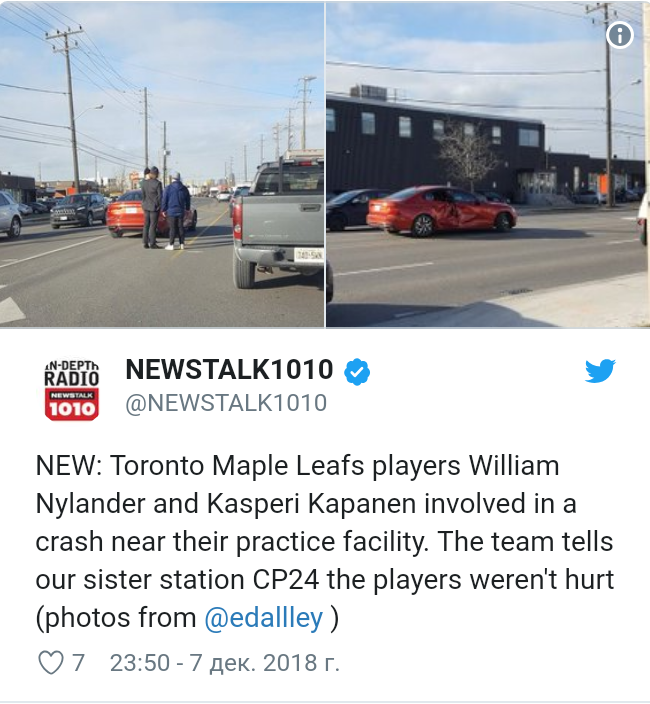 NHL. Forwards “Toronto” Nylander and Kapanen got into an accident, no one was hurt - Hockey, Nhl, Toronto Maple Leafs, Road accident, Sportsru