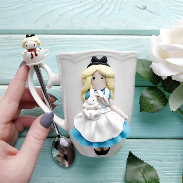 Alice in Wonderland - My, Handmade, Mug with decor, Polymer clay, Unusual gifts, Alice in Wonderland