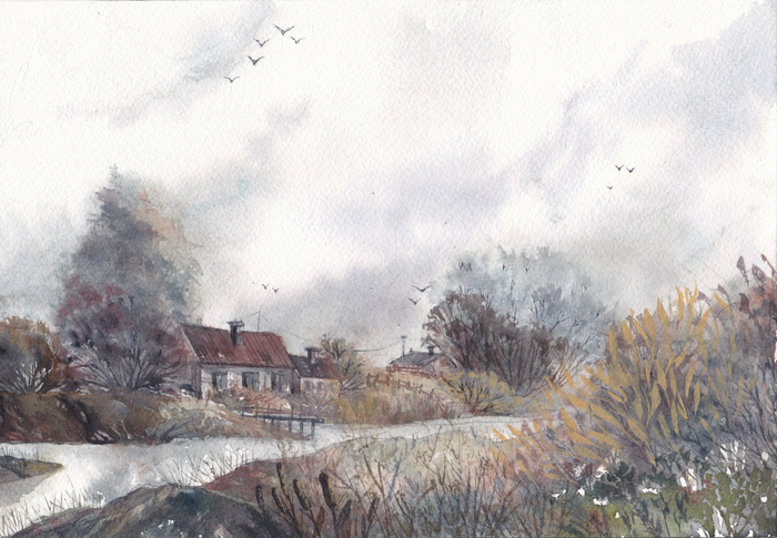 Watercolor Village - Village, Nature, Watercolor, Art, Art, River, House, Painting