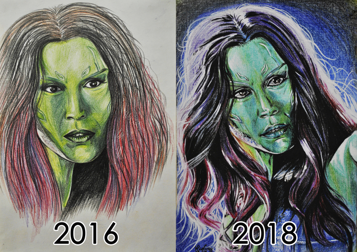 2016 VS 2018 - My, Fan art, Gamora, Guardians of the Galaxy, Longpost, Marvel, Characters (edit), Movies, Superheroes, Drawing