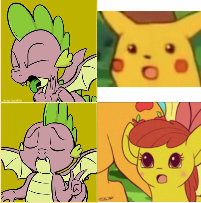 crossover memes - My little pony, Spike, Applebloom, Pikachu, Crossover, Applejack, Memes