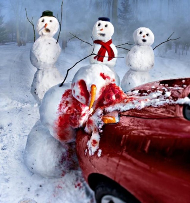 The hard life of a snowman... - Winter, Snow, snowman, Blood, Pain, Road accident, Longpost