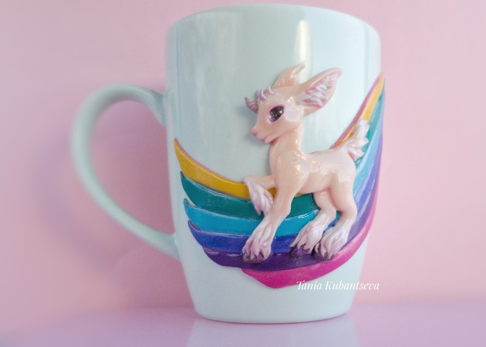 Magic goat on the rainbow. - My, Polymer clay, Kid, Fawn, Unicorn, Needlework with process, Mug with decor, Longpost, Fantasy