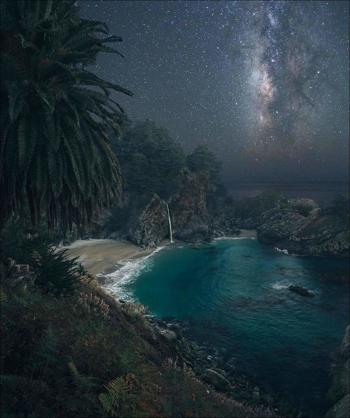 Beautiful art - Milky Way, Sea, Ocean, Stars, Night, Palm trees, Waterfall, Stars