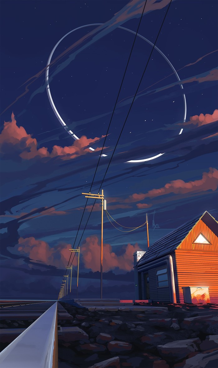 In the sky - Art, Drawing, Sky, Clouds, An object, House, Railway, 