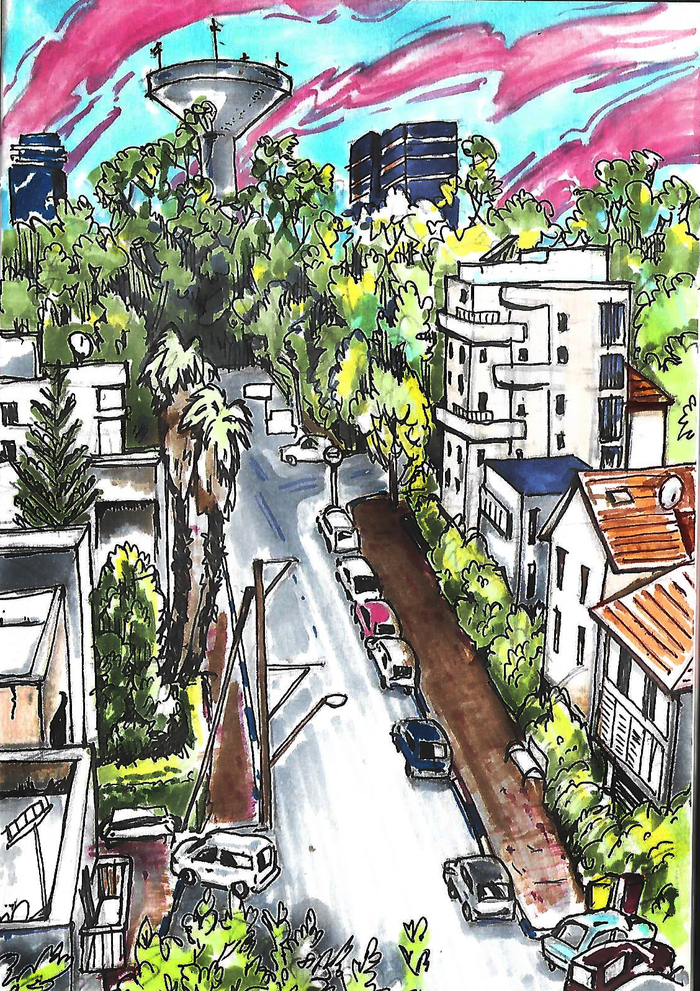 View from my window - My, Drawing, View from the window, Watercolor markers, Art, Town, The street, Cityscapes, Street photography