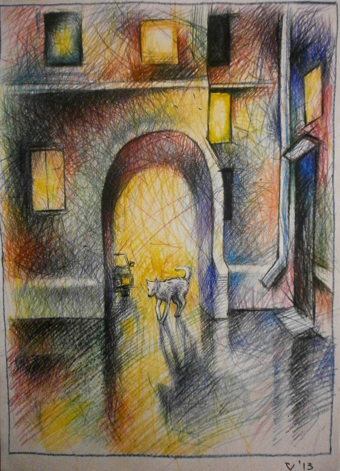Drawing - My, Graphics, Drawing, Dog, Arch, Pencil drawing, Town, House, Colour pencils