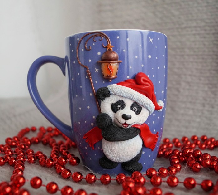 Christmas mug 2 - My, Polymer clay, Panda, New Year, Needlework without process, Handmade, Milota